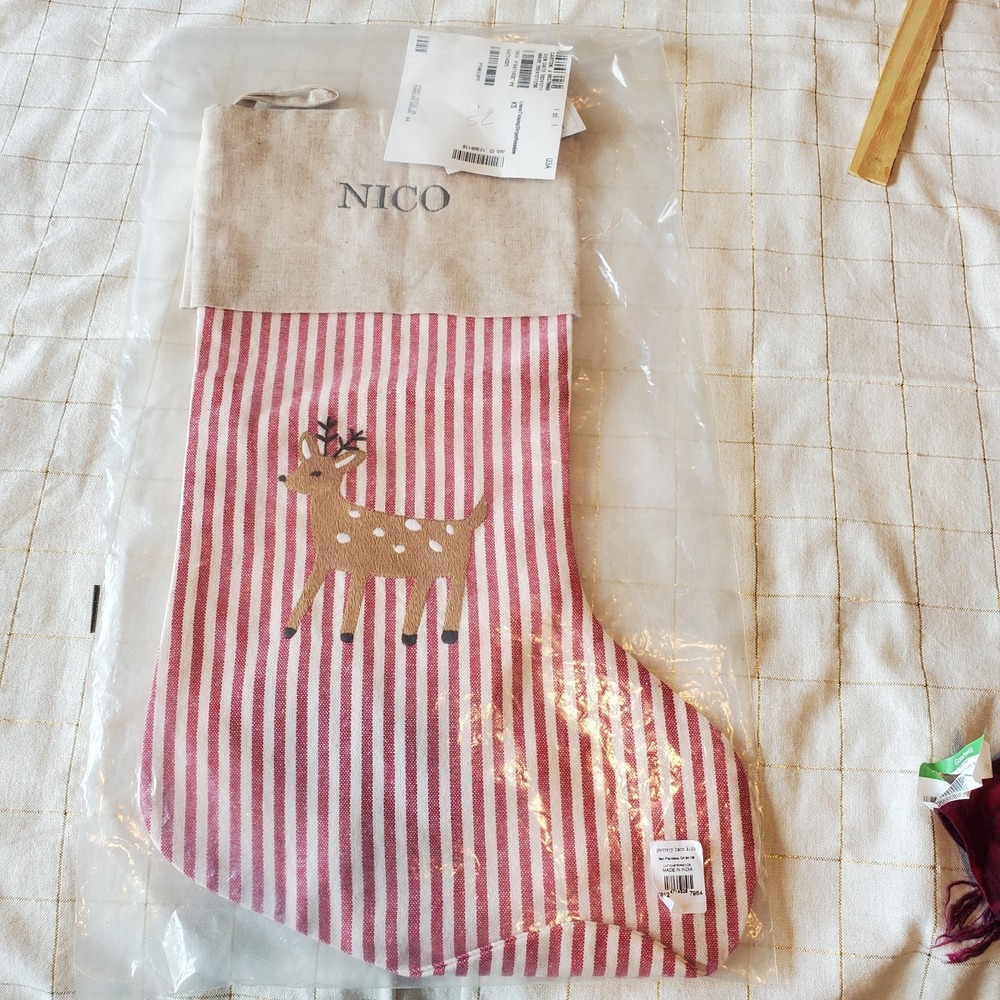 Potterybarn Kids‎ reindeer Christmas Stocking Linen Monogram NWT